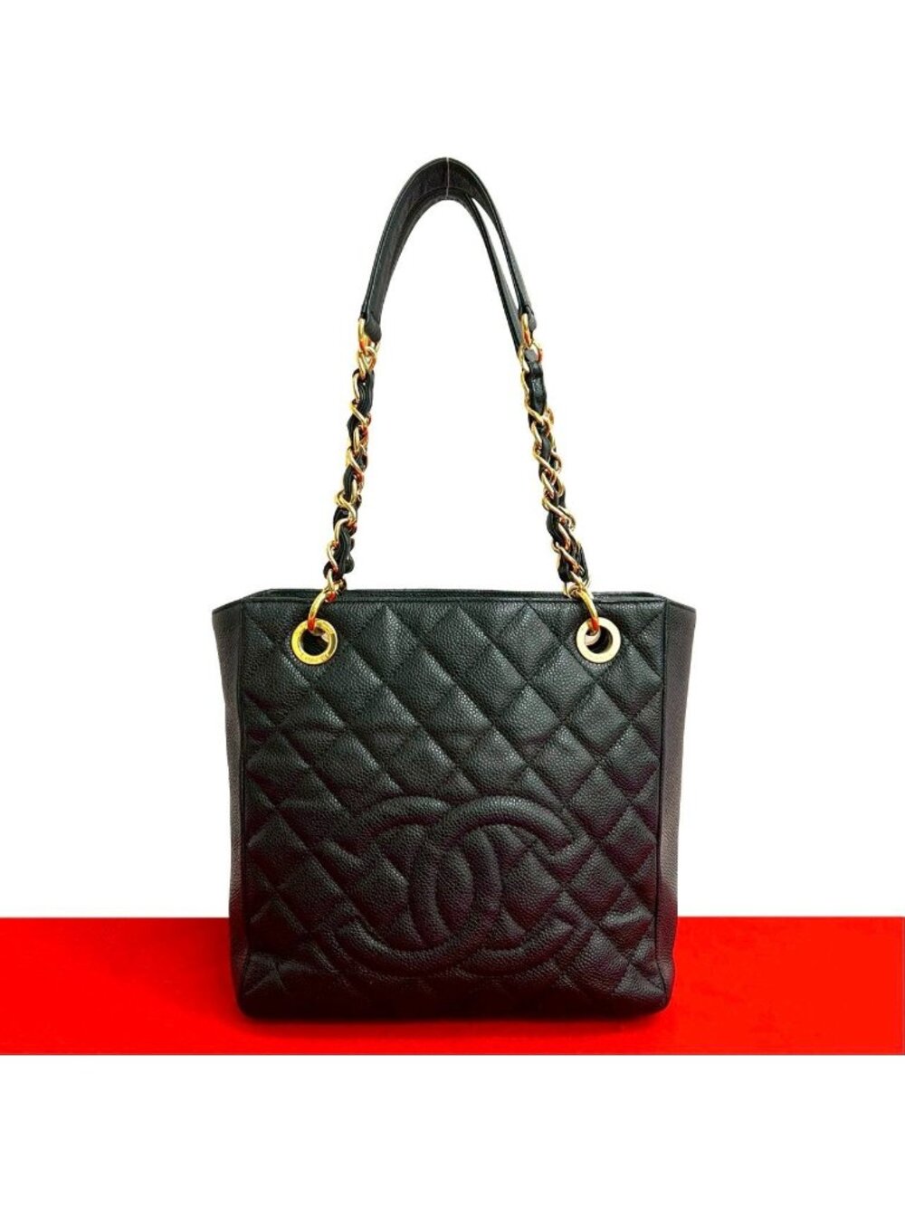 Chanel Quilted CC Logo Caviar Leather Chain Tote Bag Black